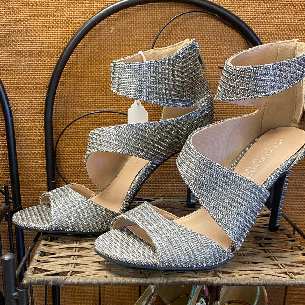 Christian Siriano Silver Metallic Wrap-Strap High Heel Sandals